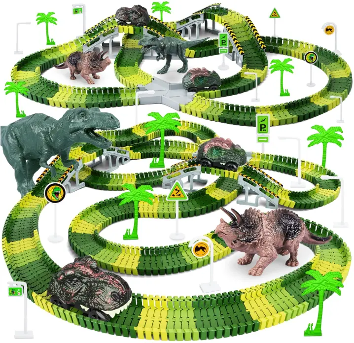 Dinosaur Toys, 252 PCS Create A Dinosaur World Road Race Tracks, Flexible Track Playset, 2pcs Dinosaur Car for 3 4 5 6 Year Old Boys Girls Birthday Party